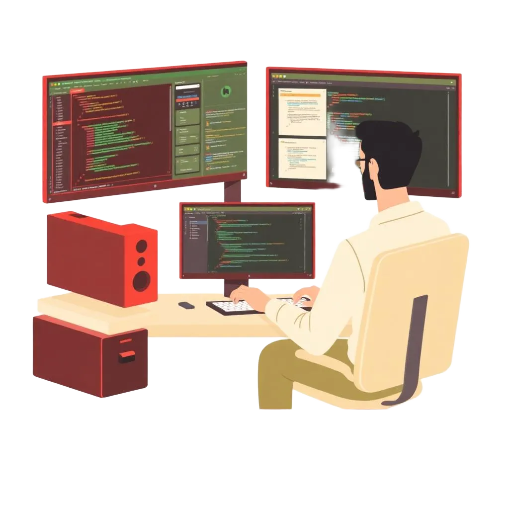 Illustration of developer working at multi-monitor setup
